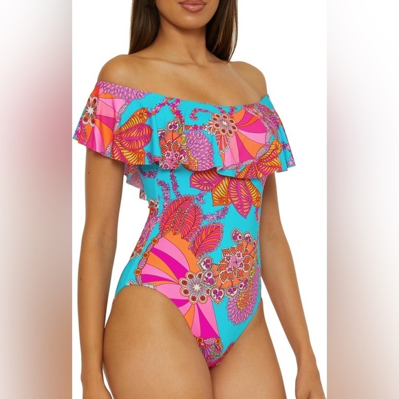 🆕 Trina Turk Women's Meilani Ruffle One Piece Swimsuit Off Shoulder Floral - Picture 2 of 8